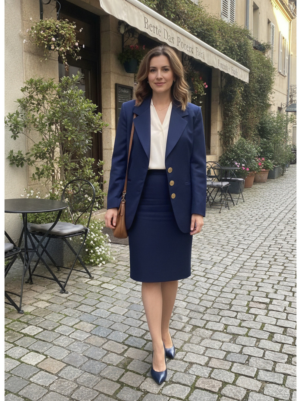 Harvé Benard Navy Blue Skirt Suit with Gold Buttons